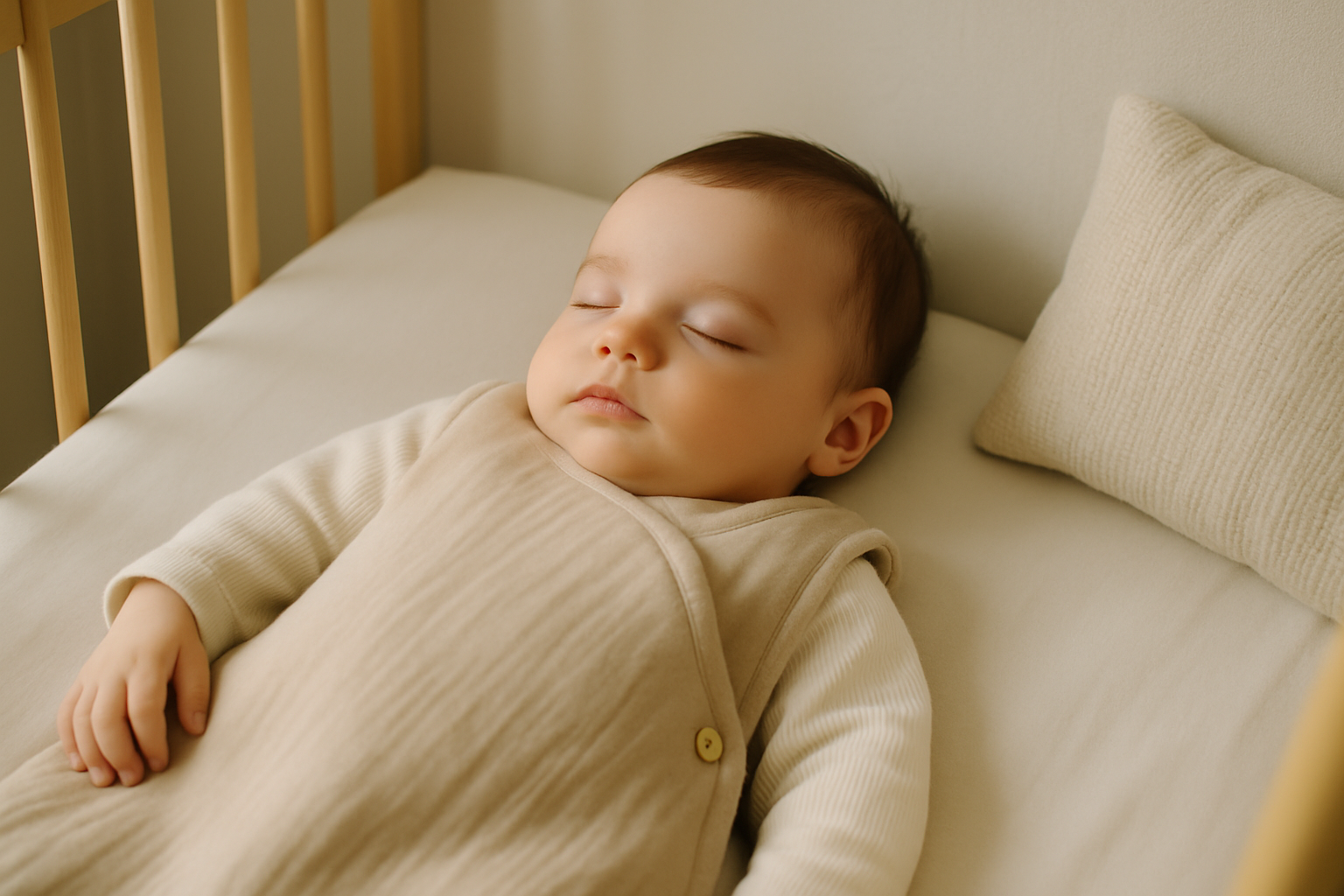 Bébé habillé correctement pour la nuit, démontrant un choix adapté de vêtements en matières naturelles garantissant confort et bien-être.