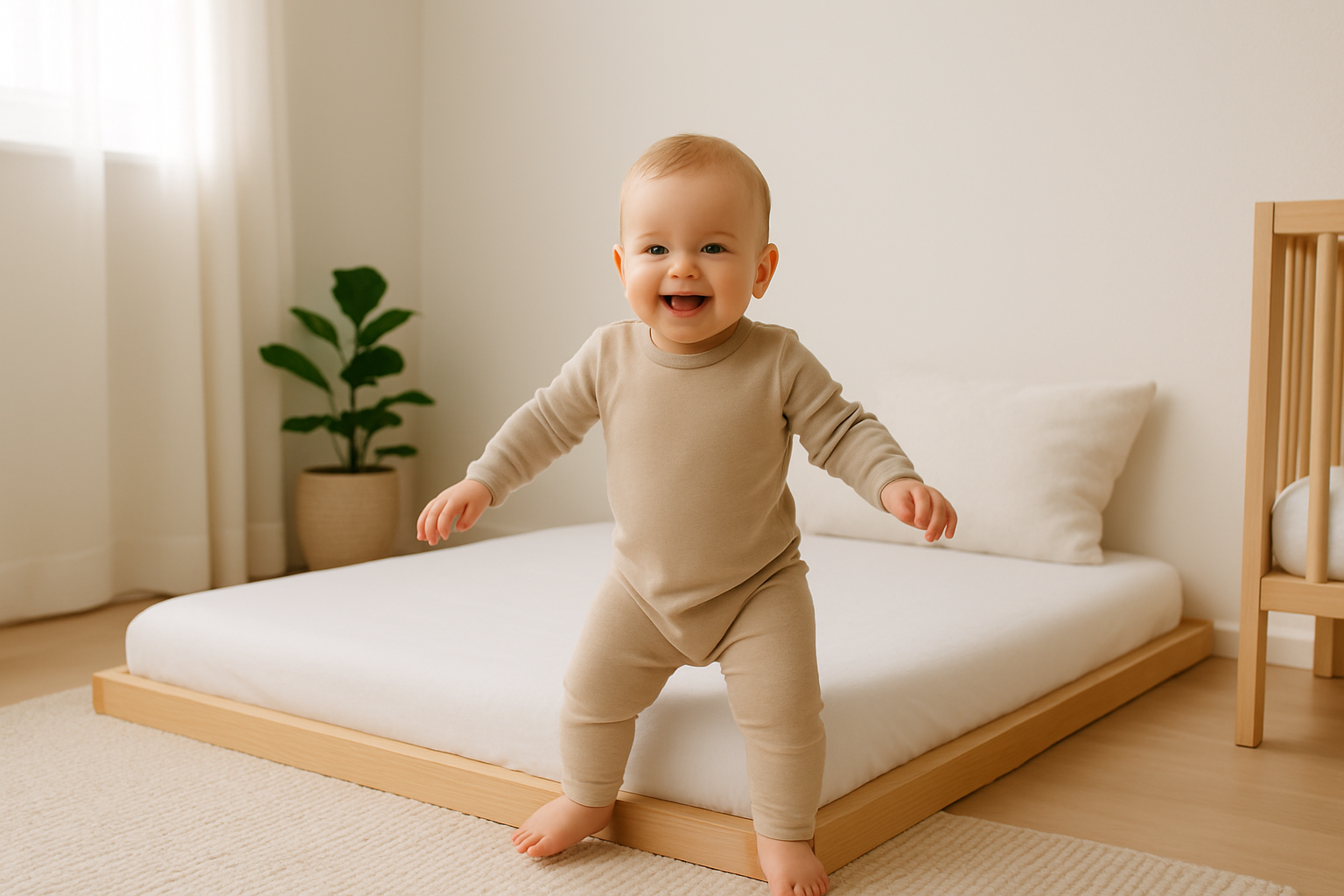 Un bébé explore en toute autonomie son lit au sol dans un environnement sécurisé et apaisant.
