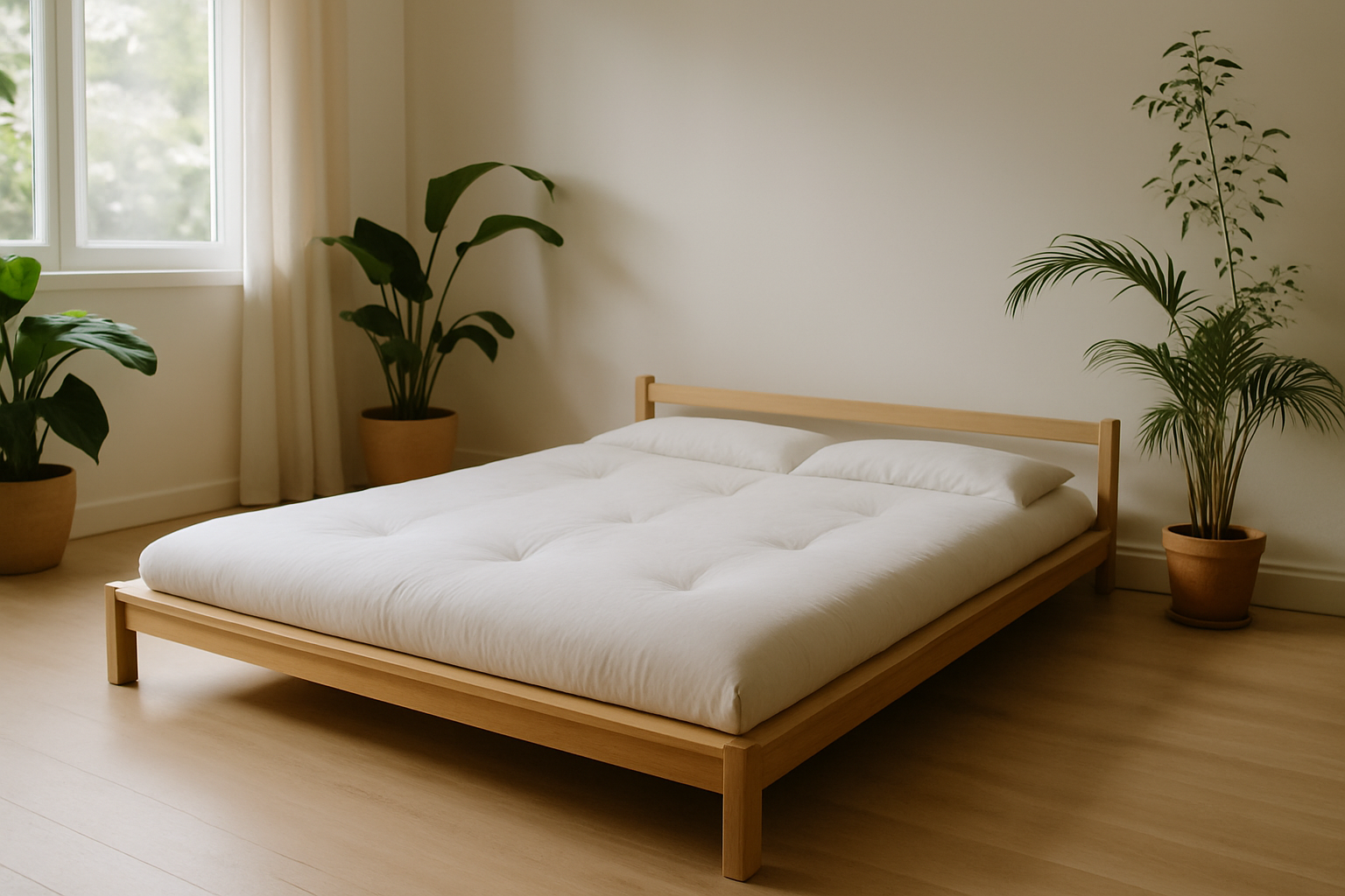 Lit japonais en bois naturel avec futon blanc dans un environnement apaisant et lumineux, illustrant les matériaux et l’entretien écologique