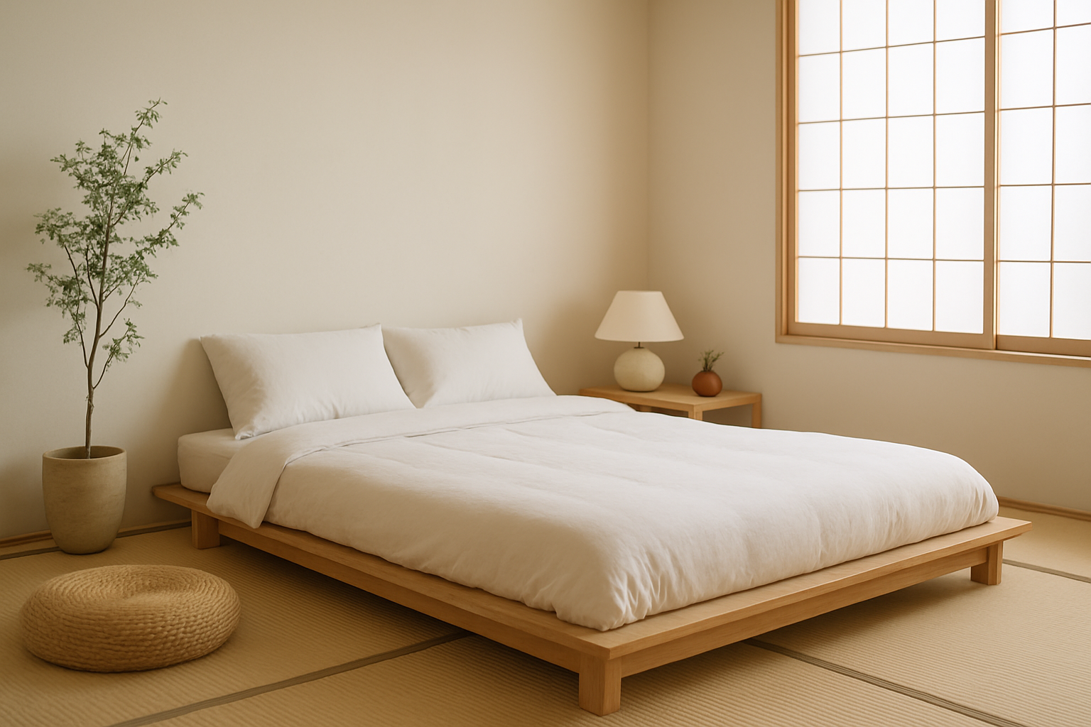 Chambre minimaliste avec un lit japonais en futon sur une plateforme en bois naturel, reflet de la sérénité et simplicité japonaises