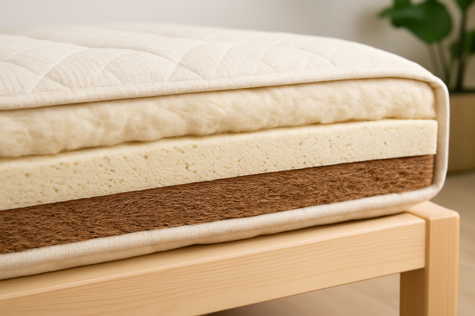 Structure détaillée d’un matelas futon montrant ses couches de coton naturel et latex
