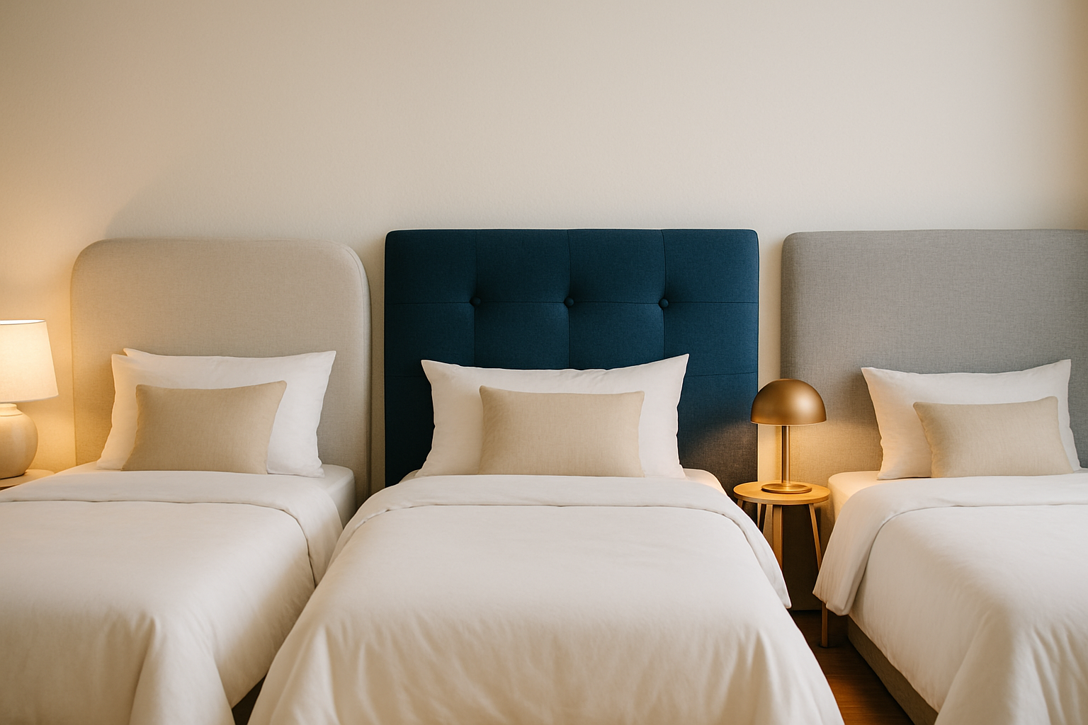 Vue élégante de trois têtes de lit en tissu : Emma, Tediber et Hypnia, illustrant leur design et matériaux dans une chambre moderne.