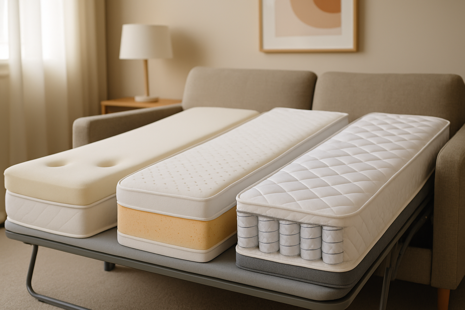 Illustration des différents types de matelas pour canapé convertible avec mousse à mémoire de forme, latex, ressorts et hybrides