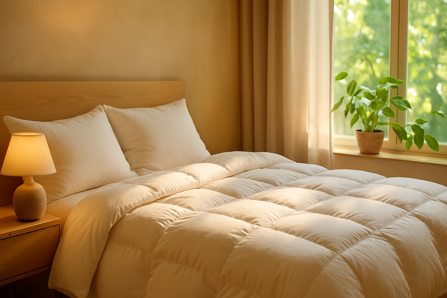 Exemple visuel d’une couette plume d’oie traditionnelle dans un environnement de chambre chaleureuse et naturelle