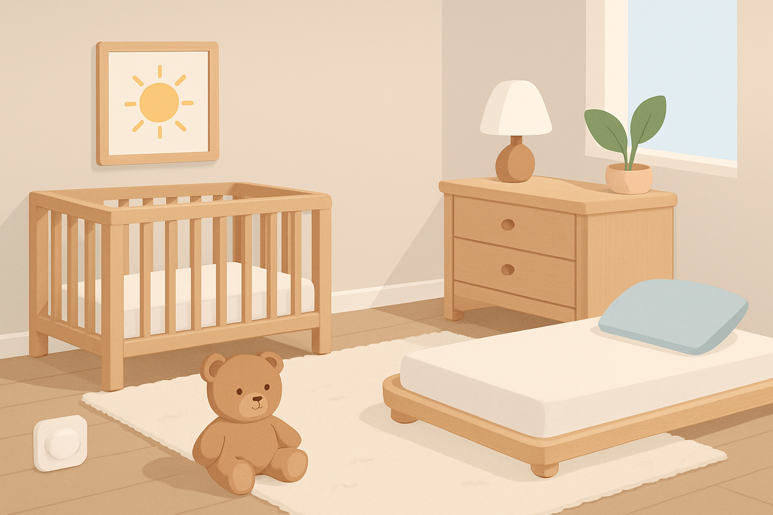 Chambre bébé sécurisée pour un lit au sol, avec protections adaptées