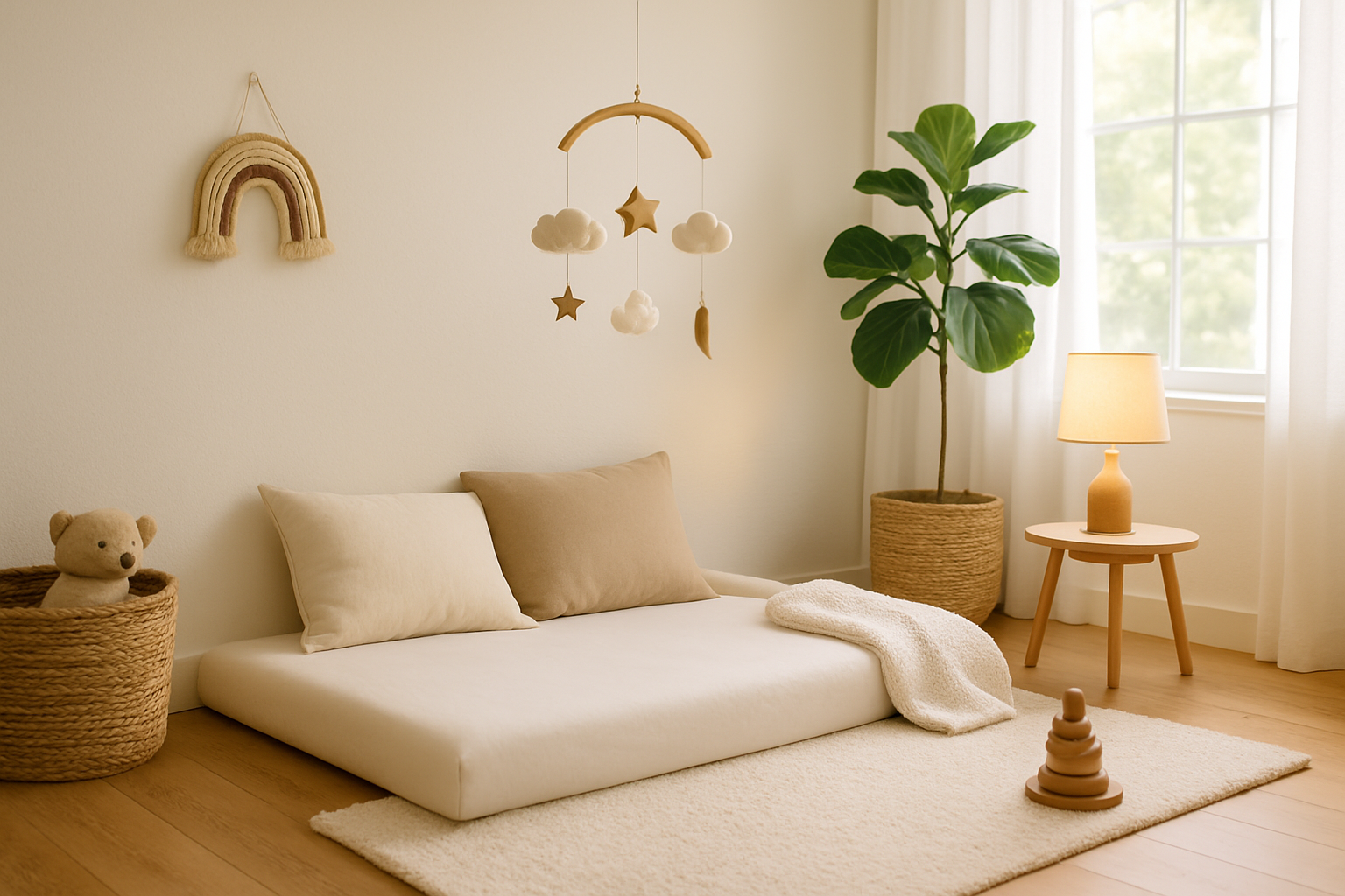 Un lit au sol aménagé dans une chambre d