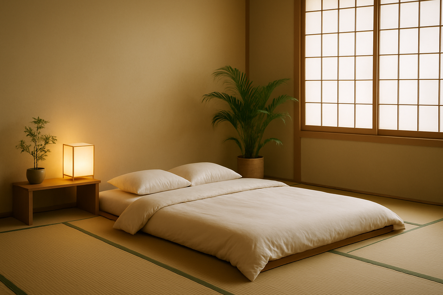 Chambre zen avec lit à la japonaise posé sur tatami, décor minimaliste naturel et apaisant