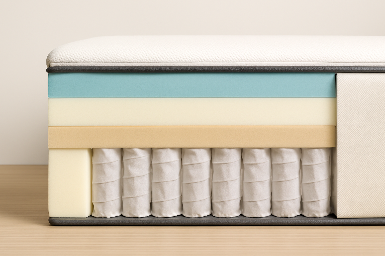 Structure interne du matelas Emma hybride illustrant la superposition parfaite de mousse et ressorts pour un confort optimal.