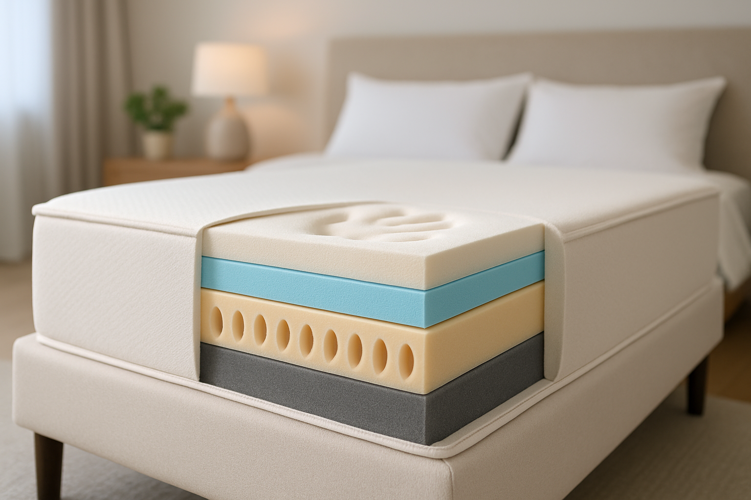 Vue en coupe du matelas Tediber montrant ses différentes couches de mousse ergonomiques