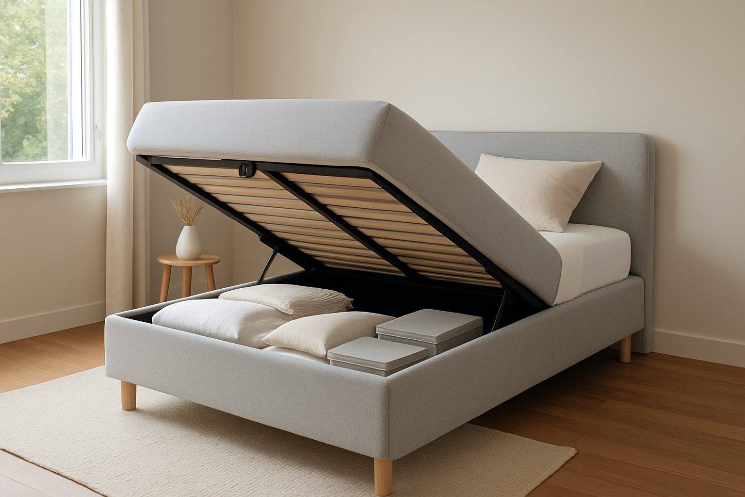 Lit coffre Tediber design dans une chambre moderne avec coffre ouvert, démontrant l