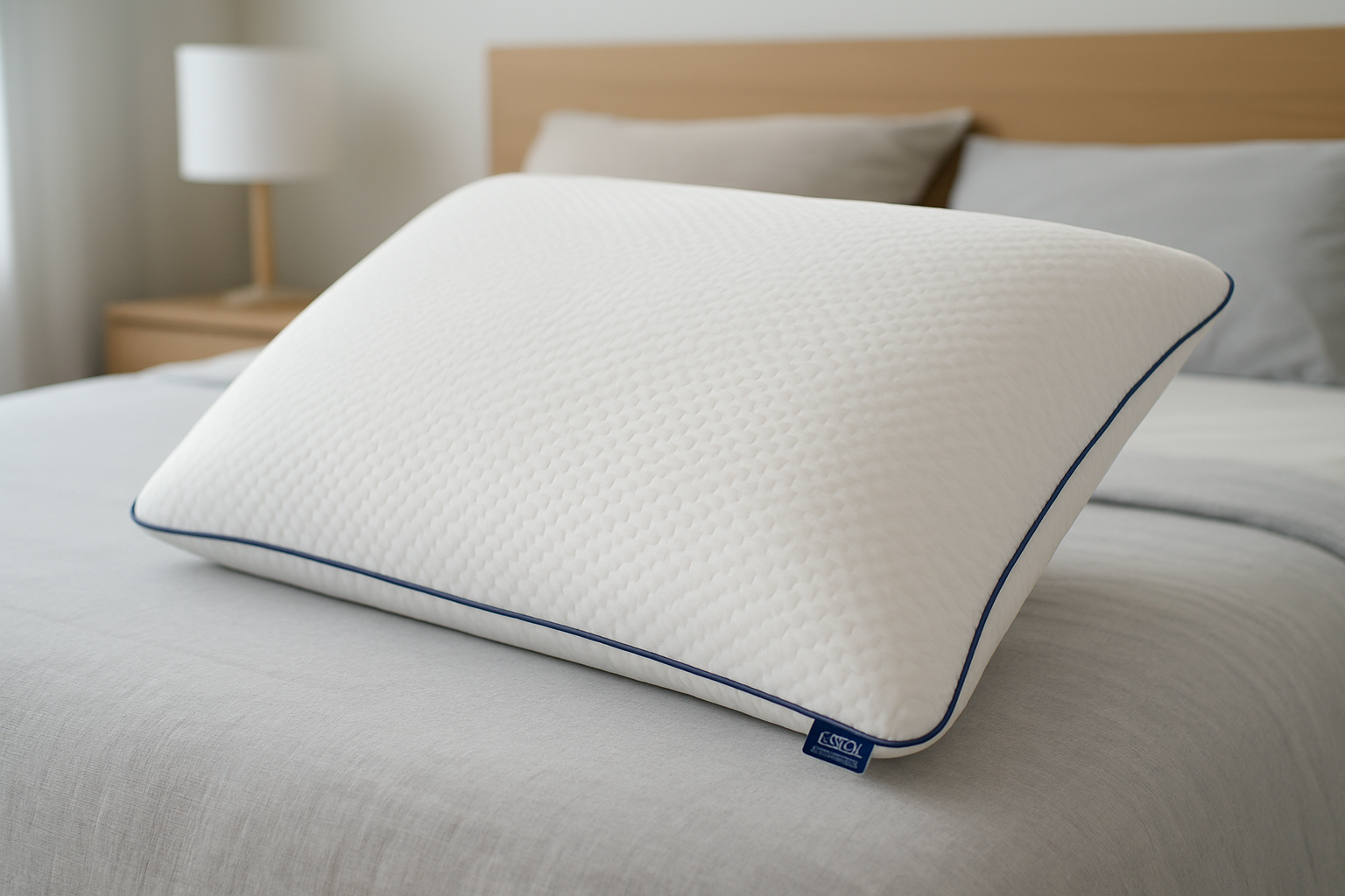 Oreiller Tediber avec focus sur la texture et le design ergonomique, présenté dans un environnement de chambre à coucher apaisante