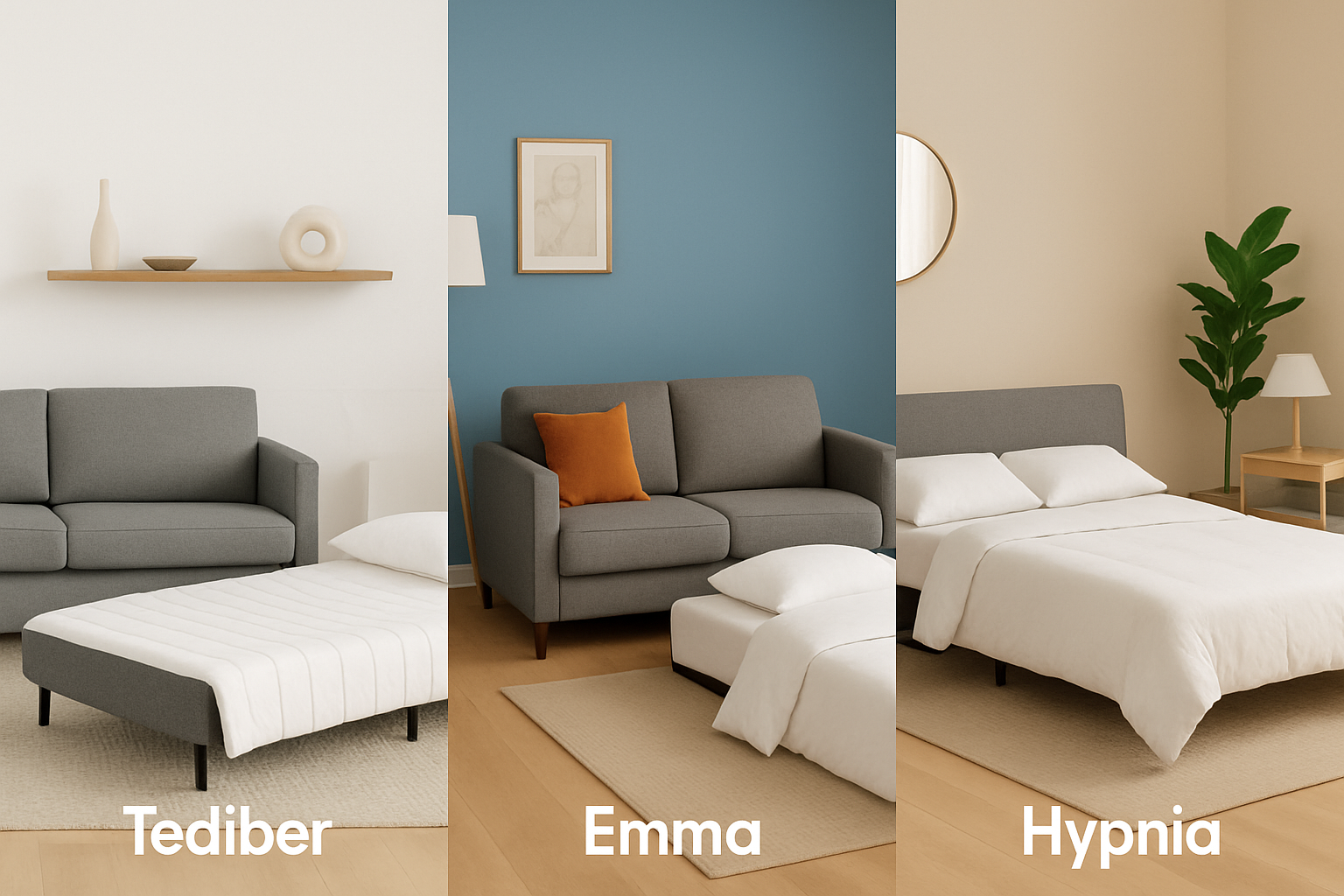 Comparaison visuelle des canapés lits Tediber, Emma et Hypnia dans différents environnements domestiques.