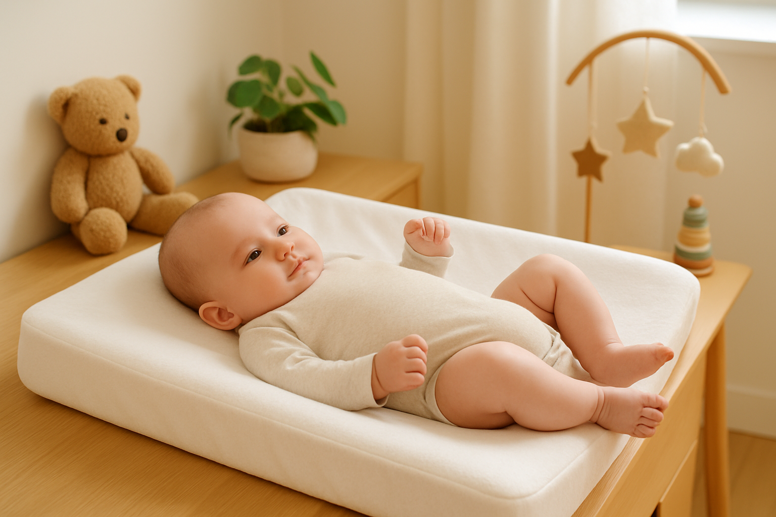 Bébé reposant confortablement sur un matelas à langer protégé par une housse matelas à langer