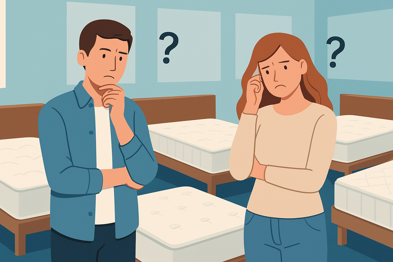 Clients hésitant devant plusieurs matelas lors de leur recherche d’une marque fiable