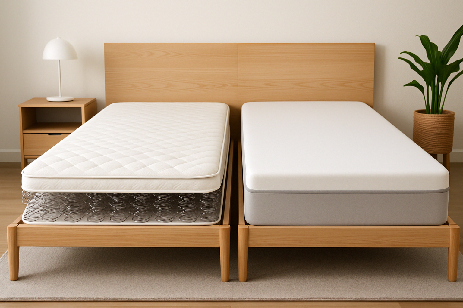 Comparaison visuelle entre un matelas à ressorts et un matelas en mousse dans une chambre contemporaine
