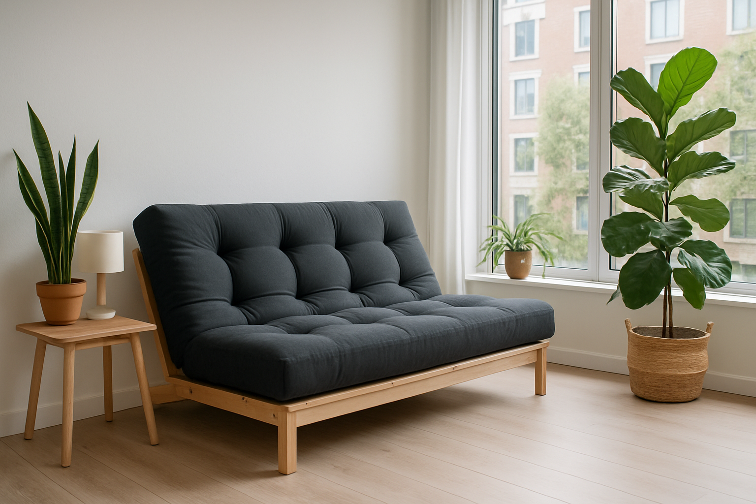 Un futon matelas plié dans un petit appartement, illustrant le gain de place et le design épuré
