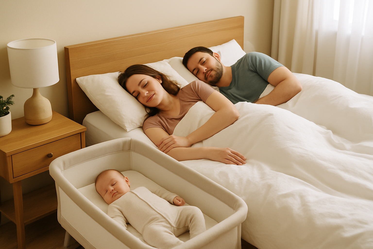 Un couple de parents endormis paisiblement avec leur bébé sur un matelas cododo adjacent à leur lit, illustrant la proximité facilitée par ce type de couchage.