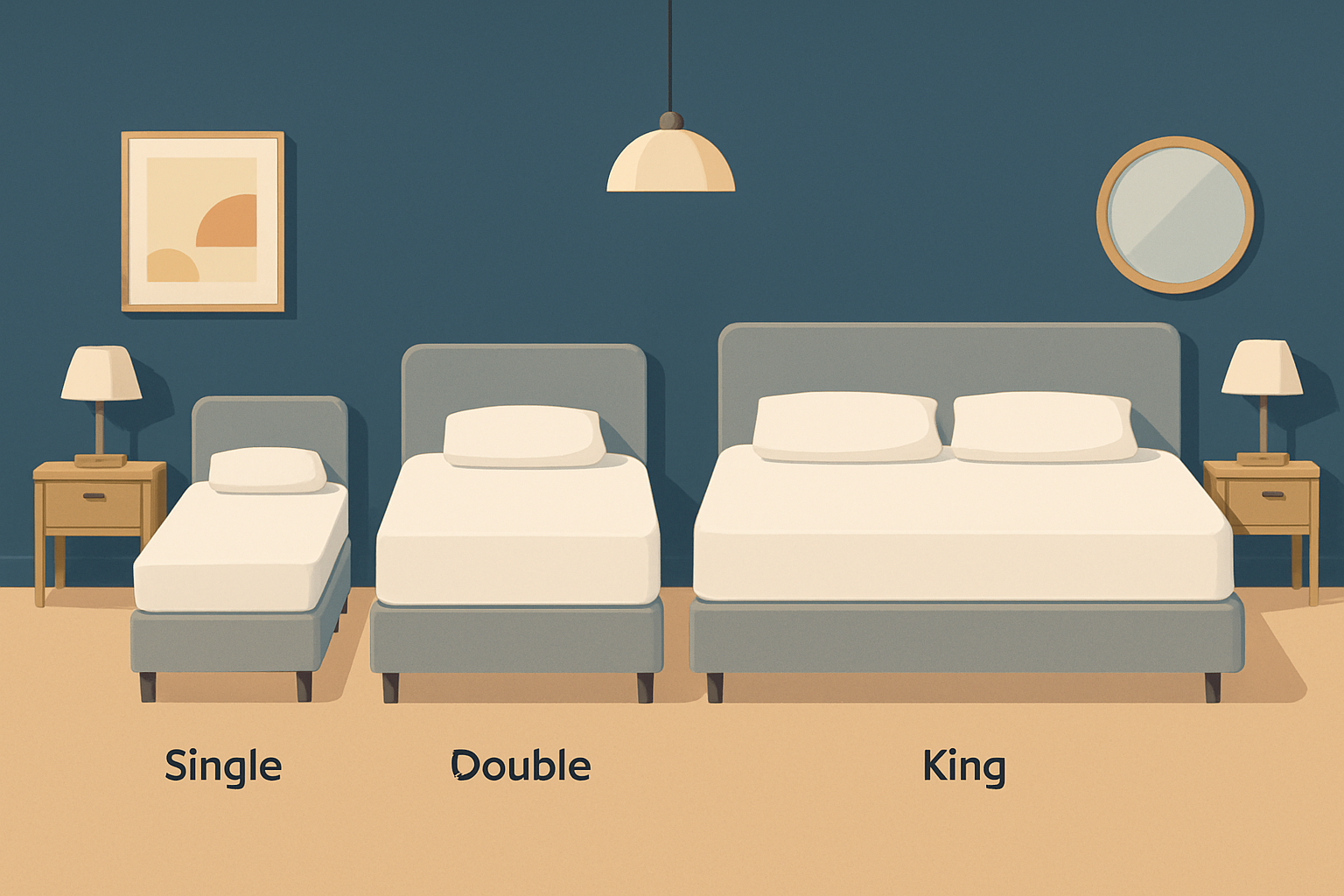Comparaison visuelle des différentes tailles de matelas standards en contexte de chambre.