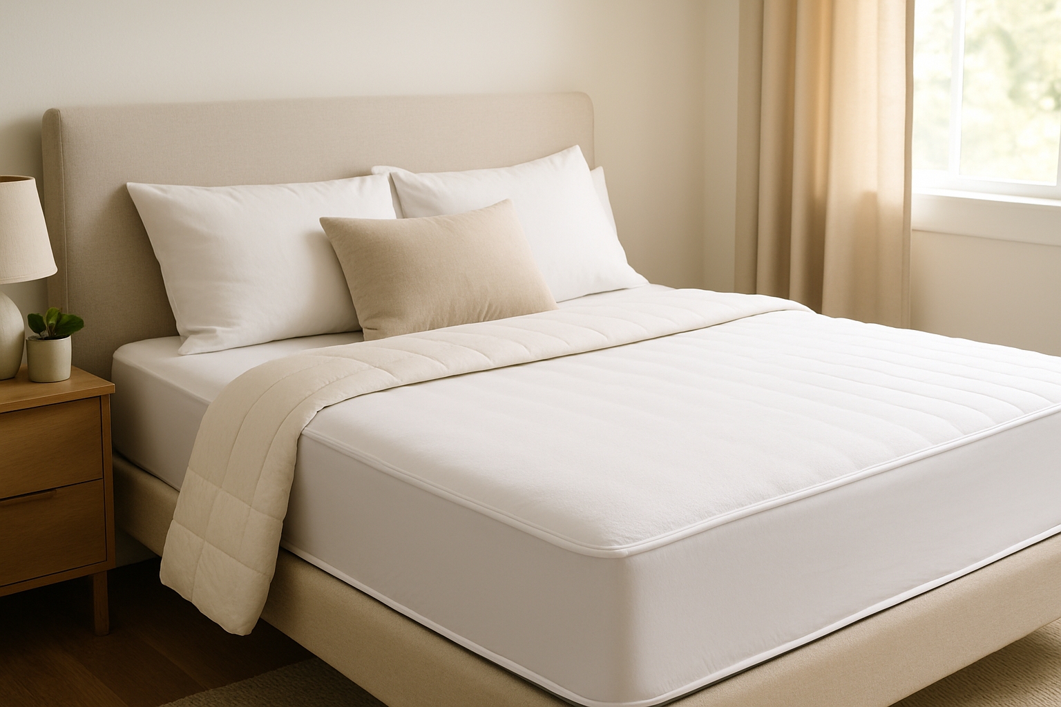 Chambre confortable avec un lit protégé par une housse de protection étanche, illustrant la protection optimale du matelas.