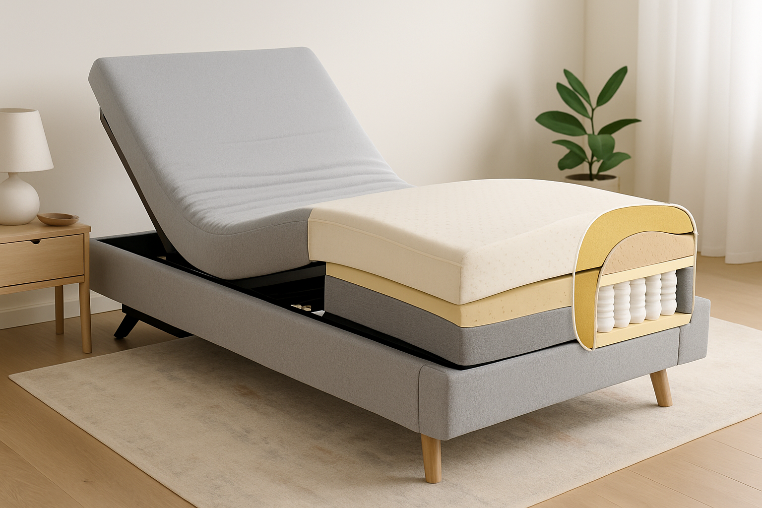 Illustration des différents types de matelas adaptés aux lits électriques : mousse à mémoire, latex, ressorts ensachés.
