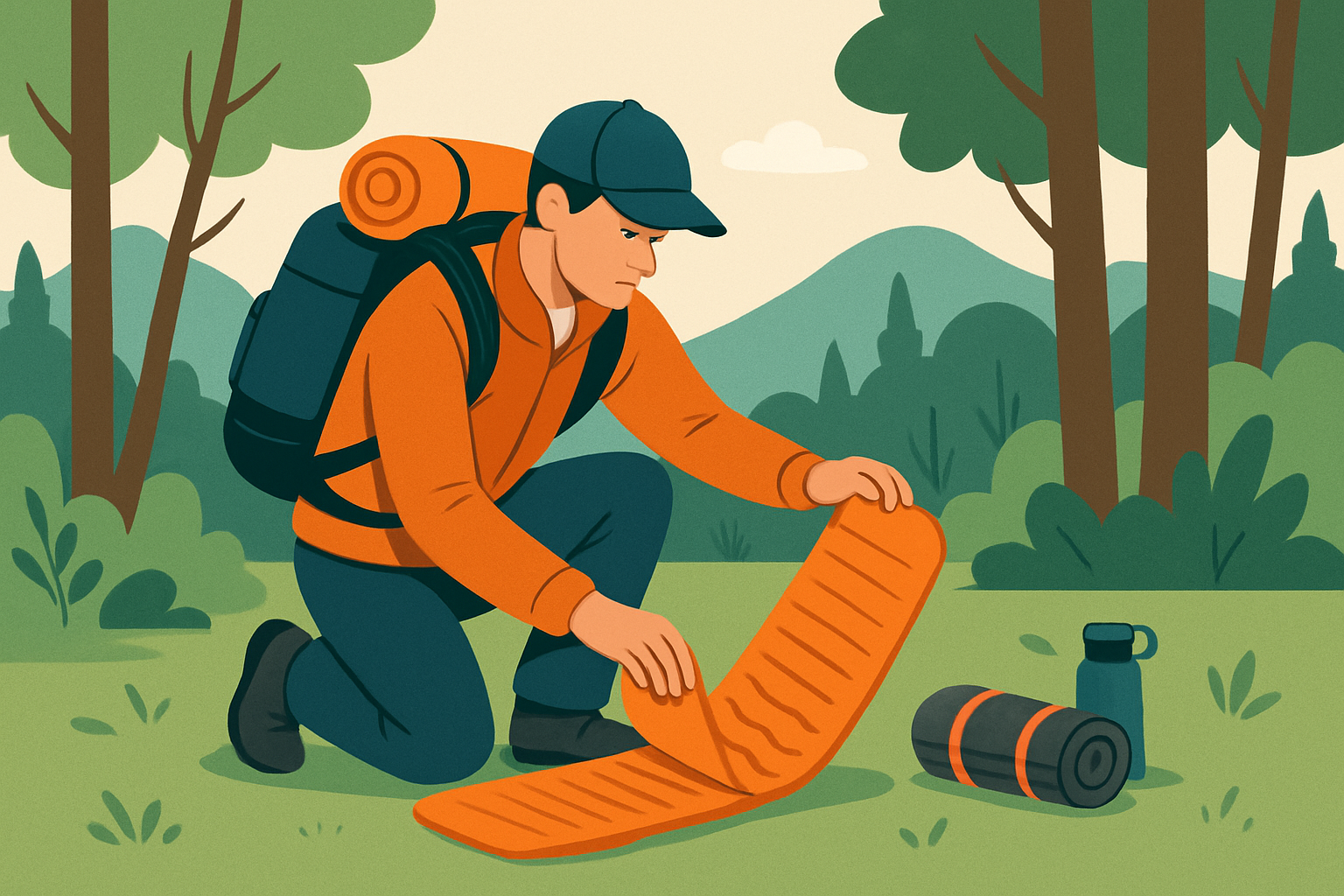 Un randonneur choisissant un matelas trekking léger et compact en pleine nature