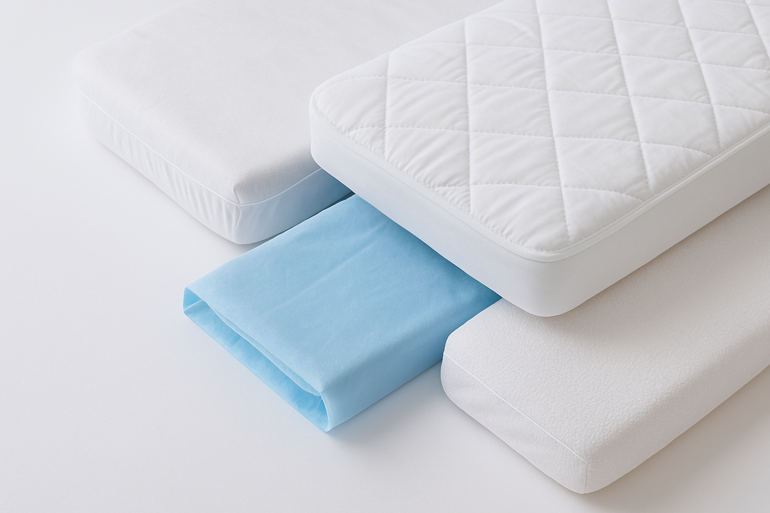 Comparaison visuelle des différents types de housses matelas: coton imperméable, synthétique respirant, jetable
