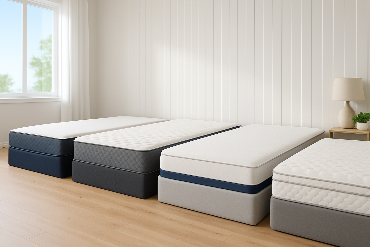 Différents modèles de matelas 160x200 en latex exposés dans une chambre moderne, illustrant la diversité des choix possibles.