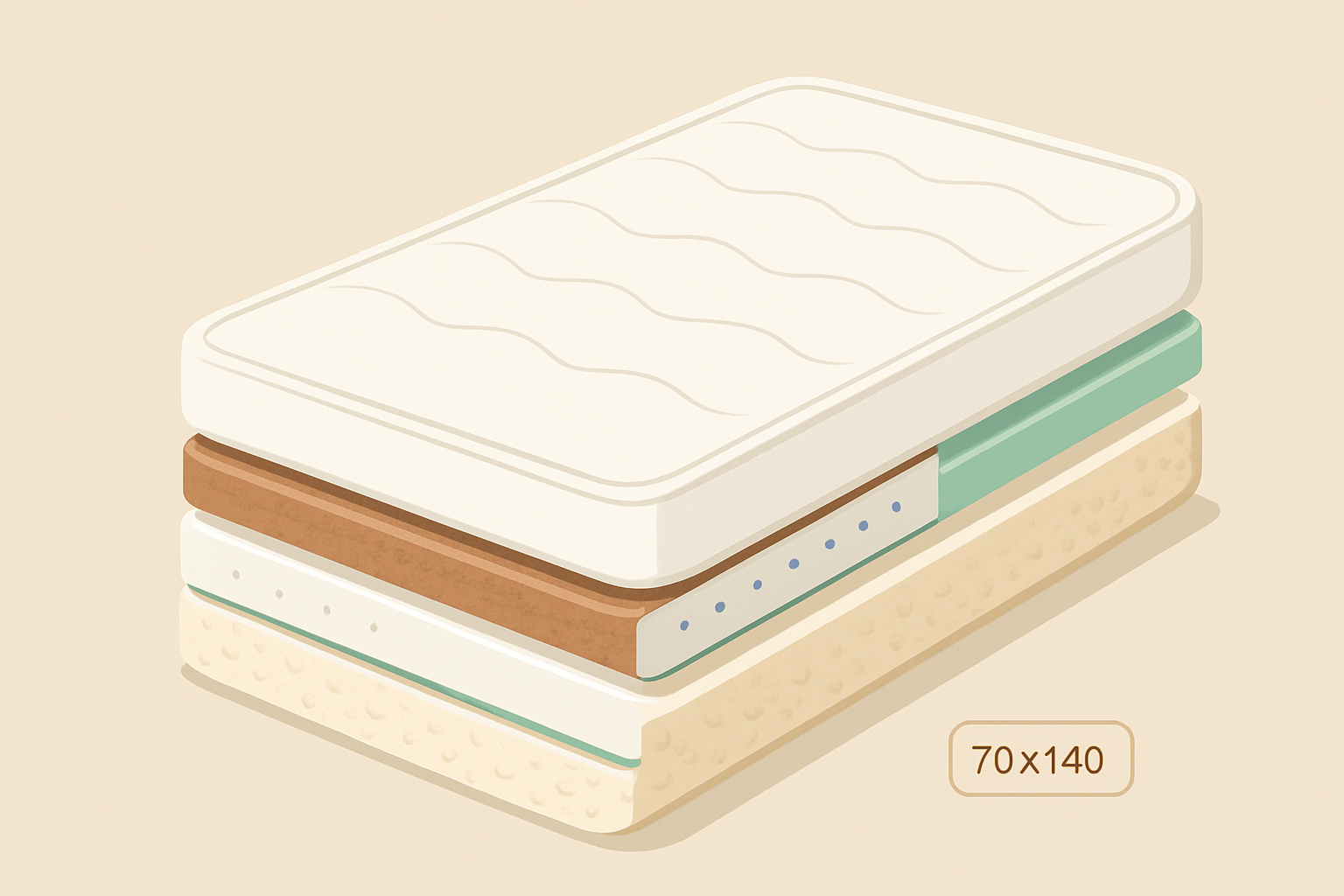 Illustration des différents matériaux utilisés dans un matelas bébé 70x140, mettant en avant les couches naturelles, synthétiques et hybrides.