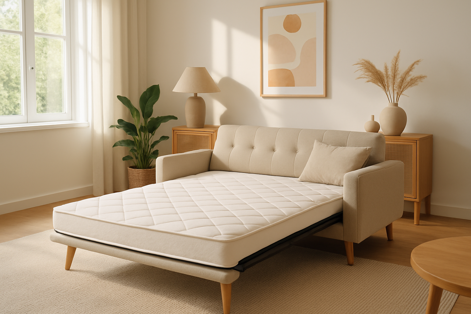 Un salon moderne avec un canapé-lit élégant équipé d’un matelas canapé de haute qualité, illuminé par une lumière naturelle chaleureuse.