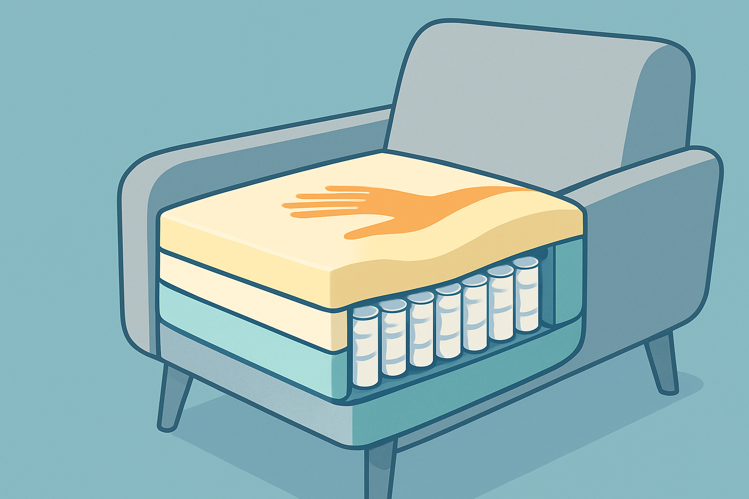 Schéma en coupe d’un matelas d’assise pour canapé montrant les différentes couches de matériaux pour un maintien optimal et durable.