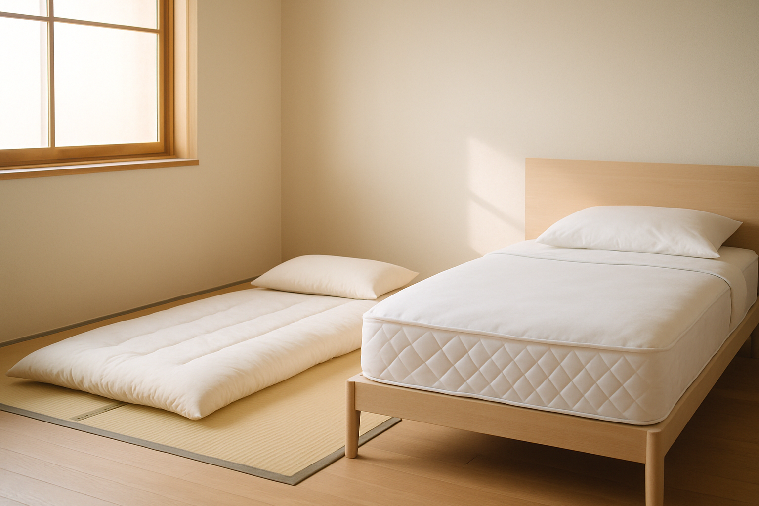 Comparaison visuelle des deux types de matelas dans un intérieur minimaliste