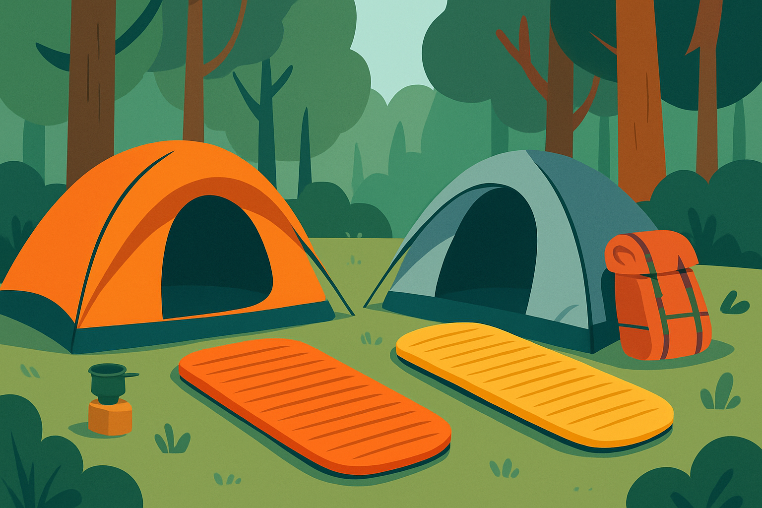Installation de camping avec des matelas Thermarest compacts dans un environnement naturel