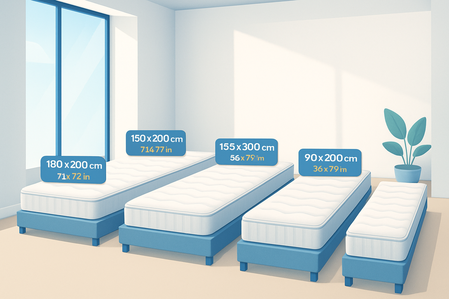 Vue d’ensemble des matelas de différentes dimensions standards présentés dans un showroom moderne.