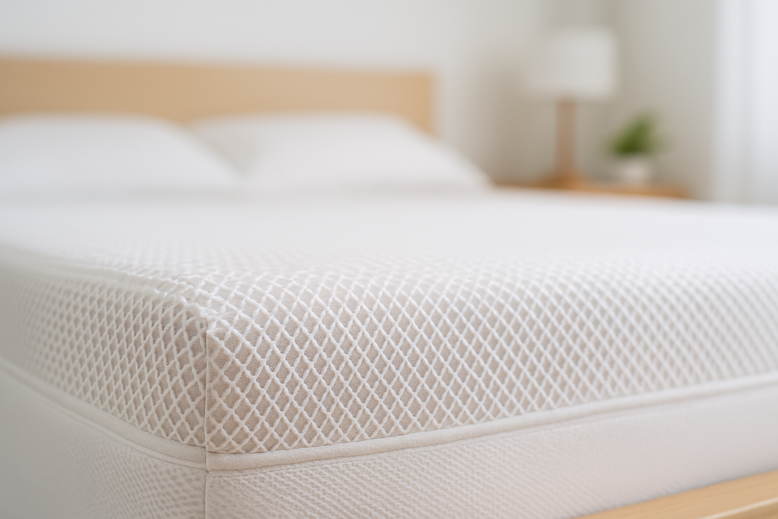 Zoom sur la texture d’une housse de matelas anti acarien montrant une maille fine et respirante