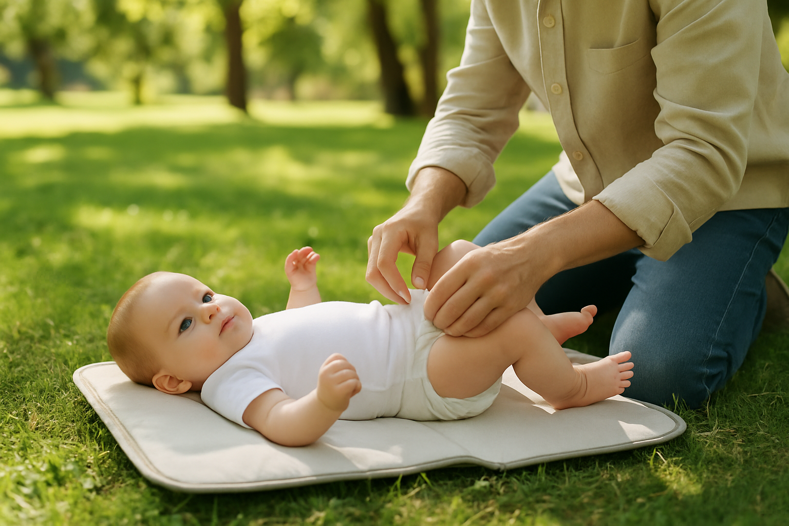 Parent utilisant un matelas à langer nomade lors d