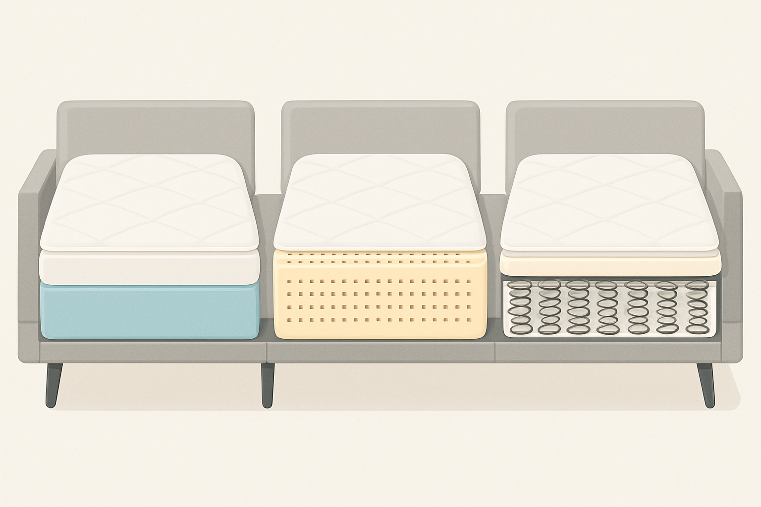 Illustration comparant les différentes structures de matelas : mousse, latex et ressorts, adaptés aux canapé-lits doubles