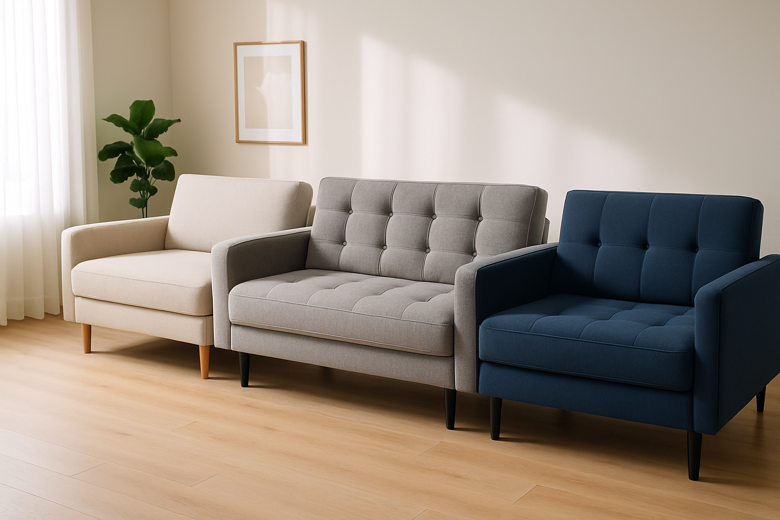 Comparatif visuel des meilleurs matelas pour canapé : Emma, Tediber et Hypnia proposés dans un salon contemporain