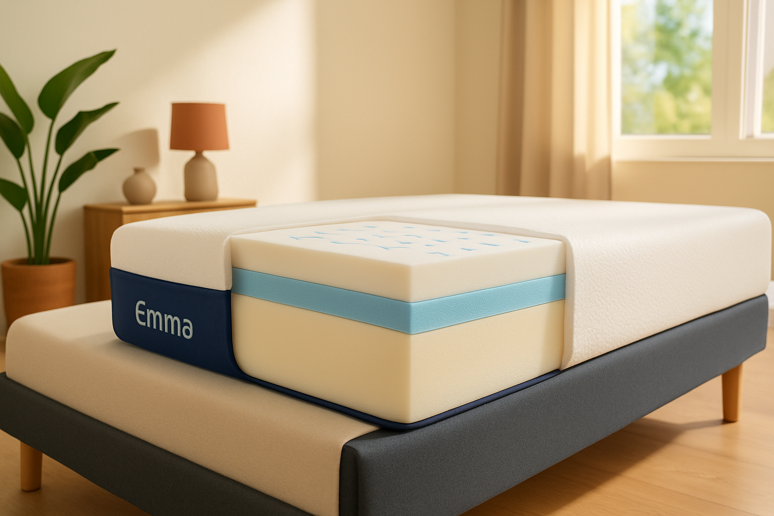 Vue en coupe du matelas Emma montrant ses couches de mousse à mémoire de forme et la technologie de régulation de température