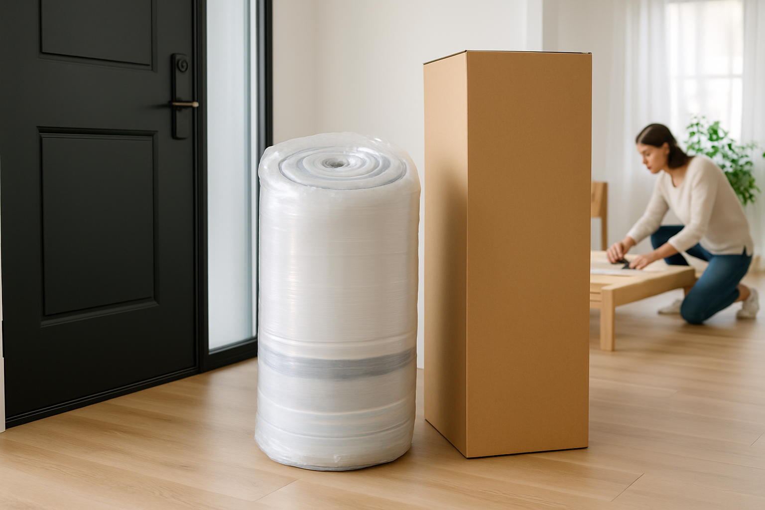 Un matelas roulé et compressé, prêt à être déballé et installé dans un appartement moderne